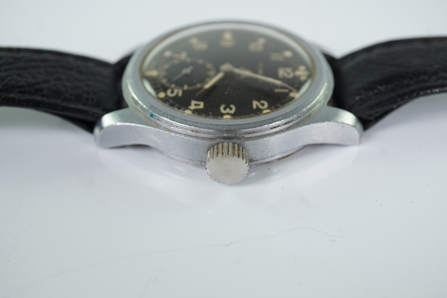 A gentleman's steel Timor WWW British Military 'Dirty Dozen' manual wind wrist watch, circa 1945